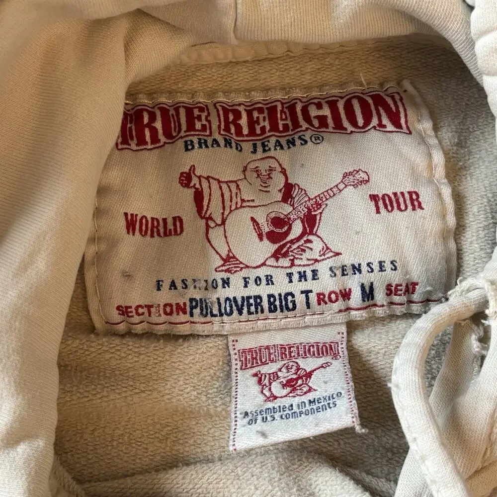 Y2K True Religion M Graphic Print Hoodie Sweatshirt Cream Streetwear Vtg Flaws